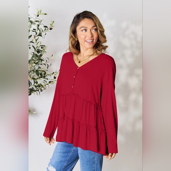 Double Take Half Button Long Sleeve Ruffle Hem Blouse Plus Size Available - Picture 3 of 6
